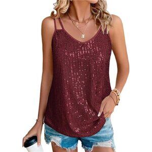 Womens Sequin Tops V Neck Tank Tops Burgundy